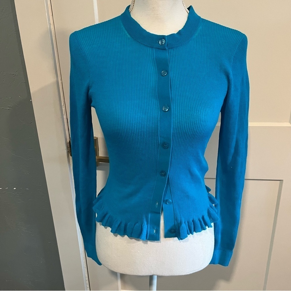J. Crew Teal Ruffle Trim Cotton Gauze Cardigan small